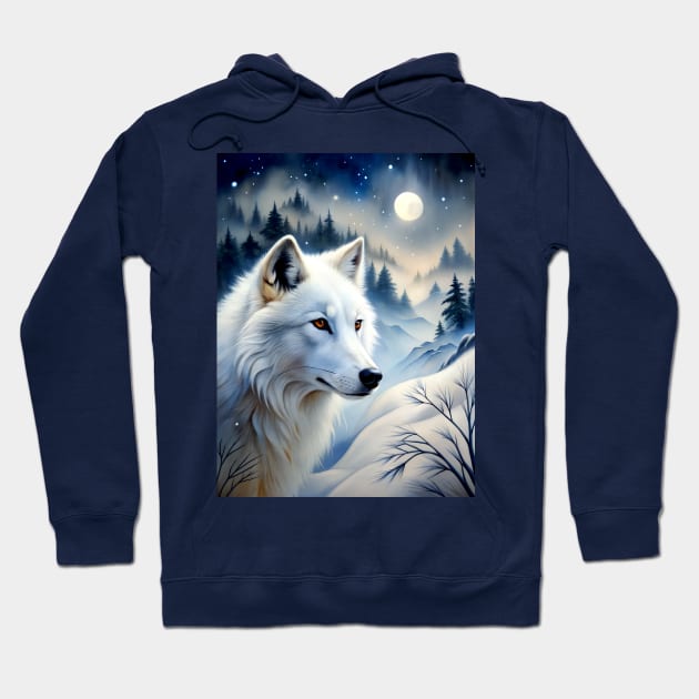 White Wolf Hunting Ground, Winter Mountain Icy Moon, Forest, Galaxy Beautiful gifts Novelty Wild Animal Pattern Fashion Hoodie by sofiartmedia